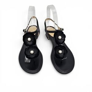 Chanel CC Camelia Flower Pearl Flat Thong Sandal Black Leather Size 38 US 7 7.5